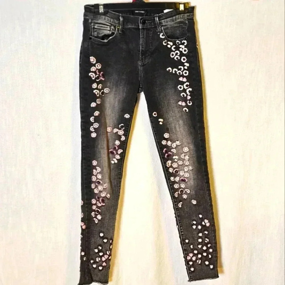 DRIFTWOOD JACKIE Cherry Blossom Embroidered Black Stretch Denim Jeans Sz 26 - Picture 1 of 13